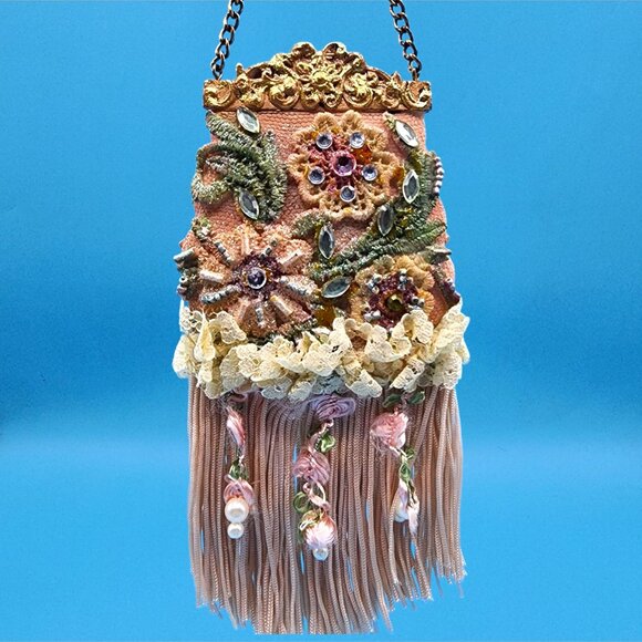 Victorian Purse Ornament Pink Beaded Lace Fringe Vintage Style Christmas v2 - Picture 3 of 10